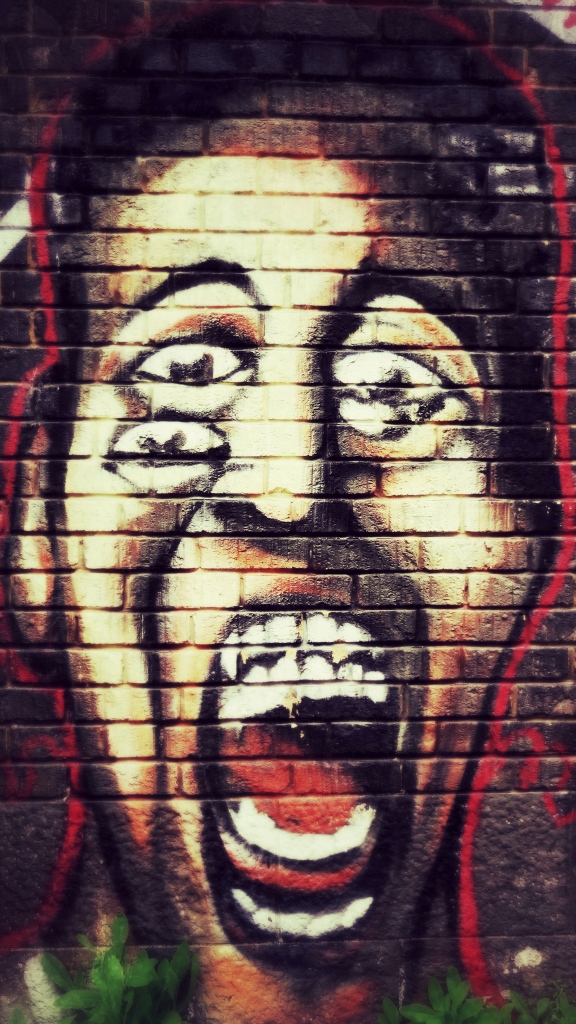 Photo is of a mural of someone screaming.