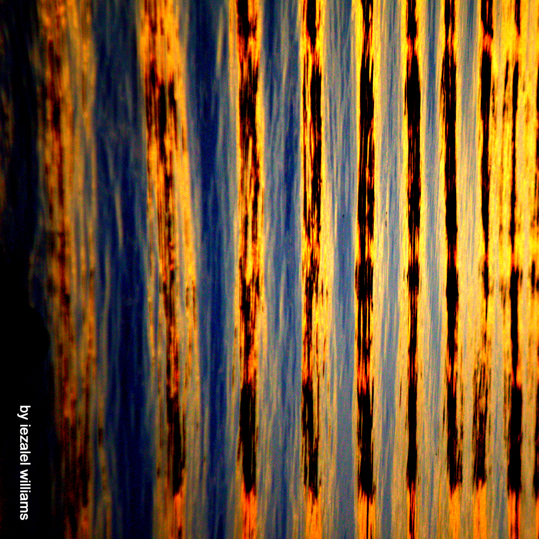 Photo is of waves of water set in an abstract image of orange, blue, and black bars.